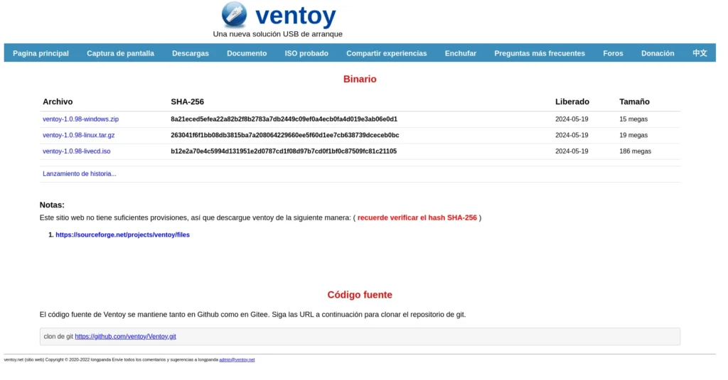 Imagen de la pagina web de descarga de ventoy