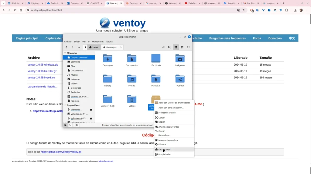 captura de pantalla de como extraer el archivo descargado de ventoy