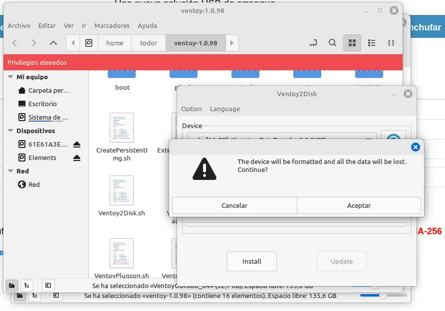pantalla de advertencia de borrado de datos de ventoy