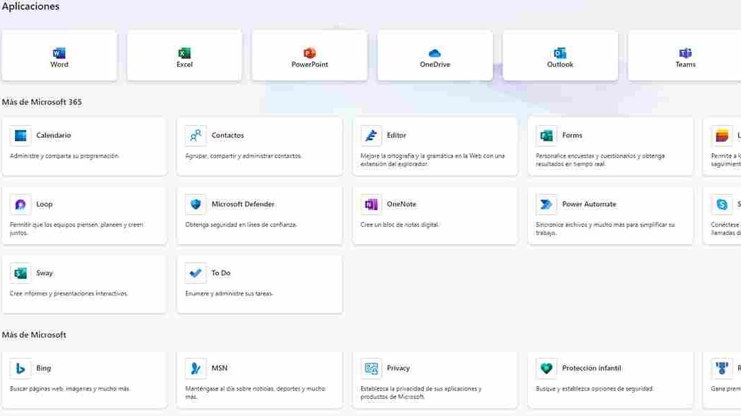 imagen que muestra todas las aplicaciones de Microsoft office 365 online