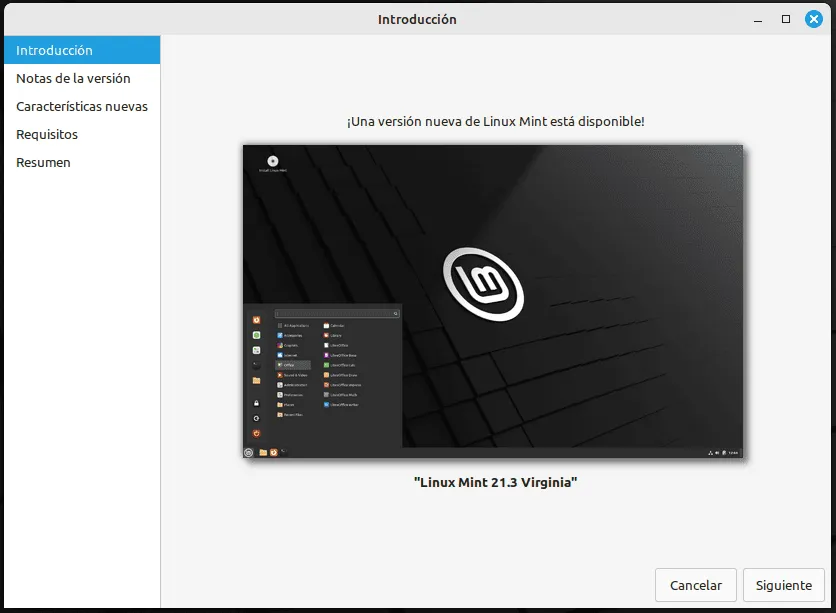 inicio de la actualización de linux mint