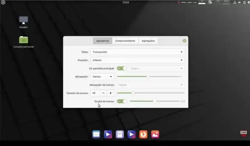 Panel de configuración de plank