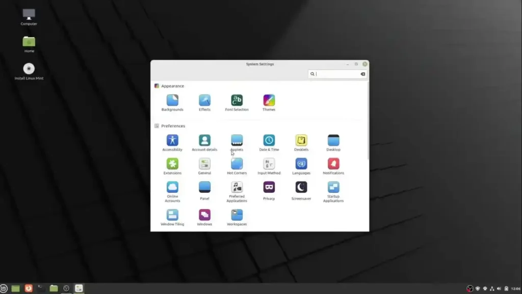 pantalla princpal de los ajustes de linux mint