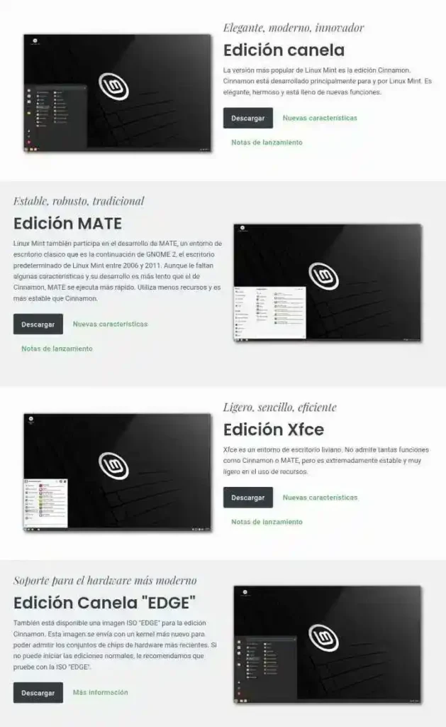 Captura de pantalla de las diferentes versiones de Linux Mint