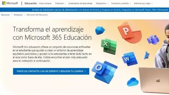 imagen que muestra la pantalla principal de Microsoft 365 education