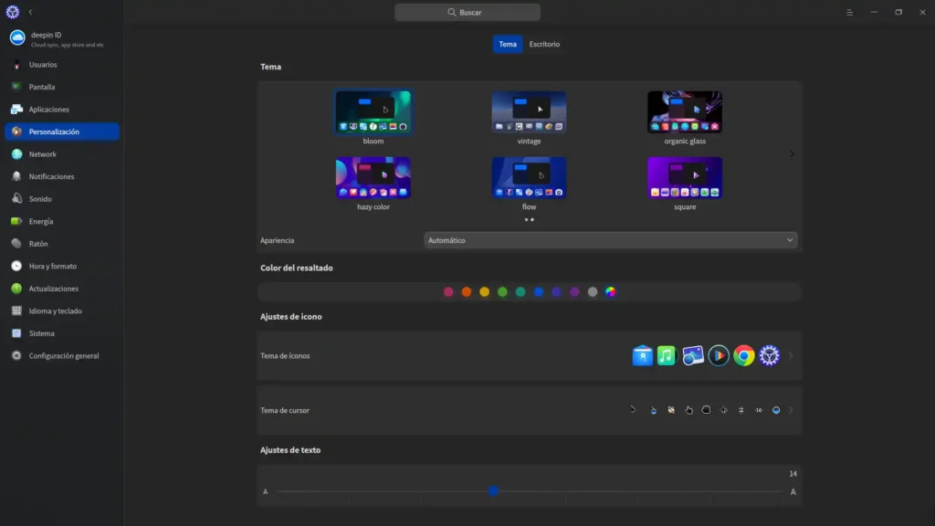 Pantalla de personalización de deepin linux 23 1