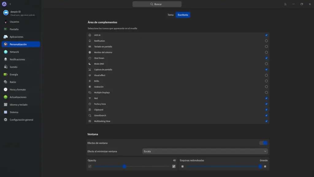 Pantalla de personalización de deepin linux 23 2