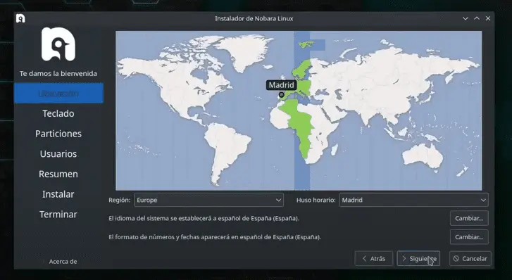 Seleccionar región en la instalación de linux