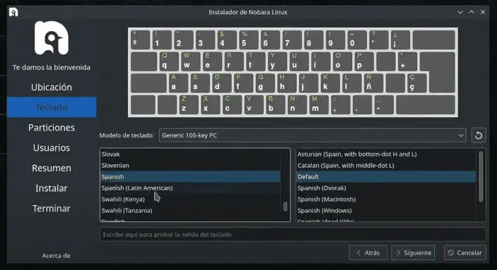 Seleccionar teclado en la instalación de linux