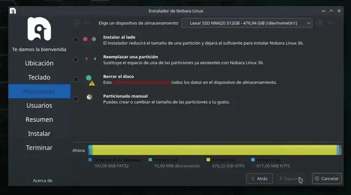 Seleccionar la partición para la instalación de linux