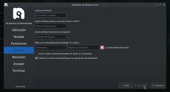 Crear el usuario durante la instalación de linux