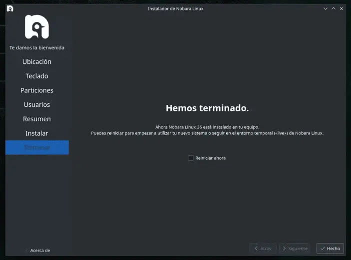 Finalización de la instalación de linux y reinicio del ordenador
