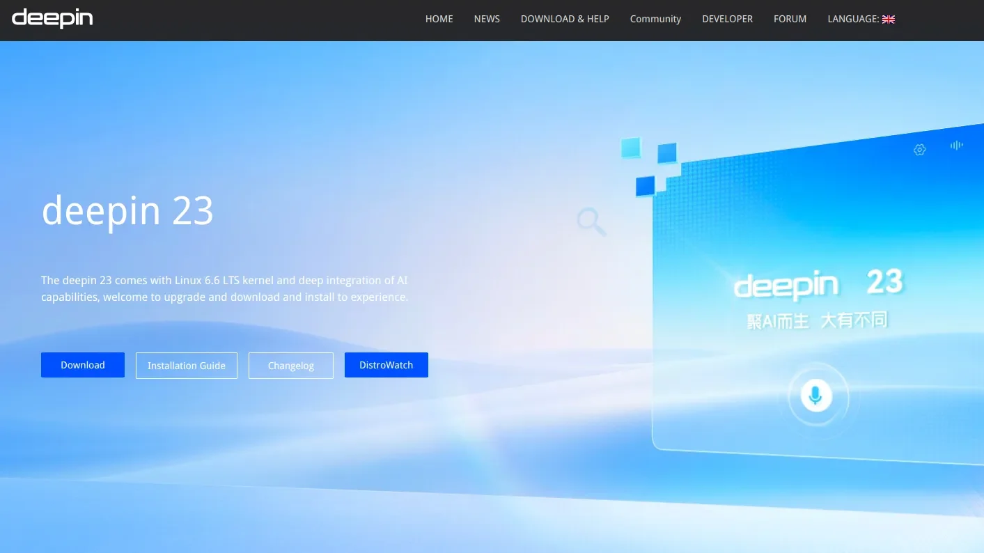 imagen de la pagina web de deepin
