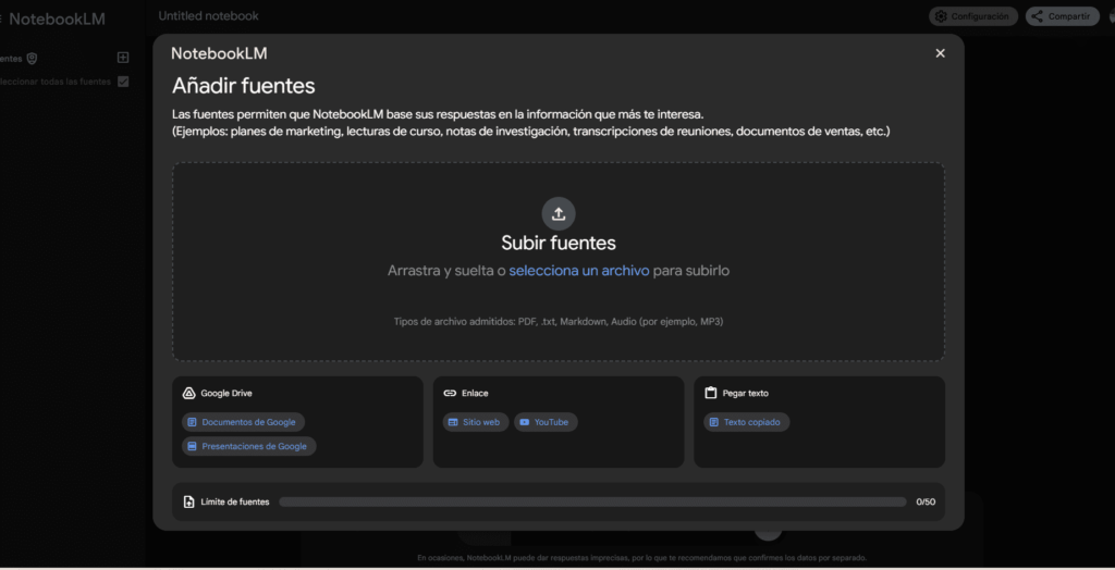 subir fuentes a notebookLM