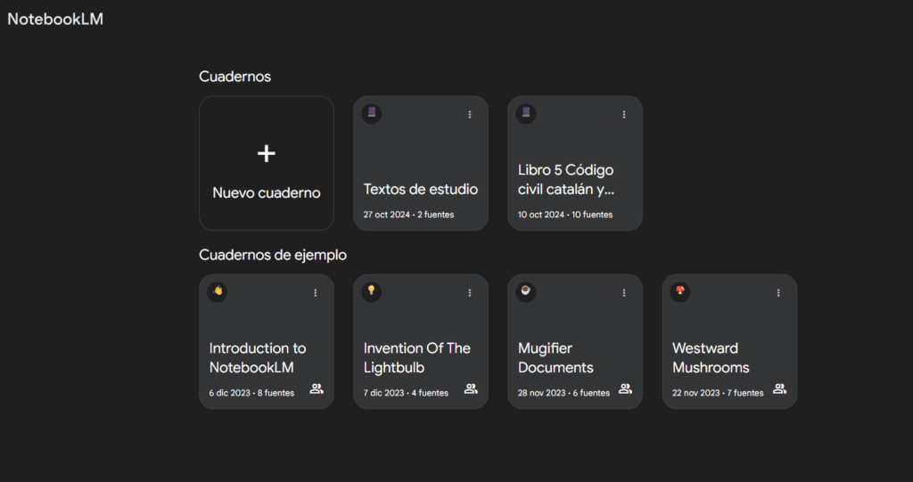 NotebookLM - pantalla principal